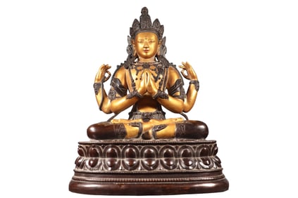 Superb Old Tibetan Gilt Gold Copper Four Arm Kwan-yin Statue