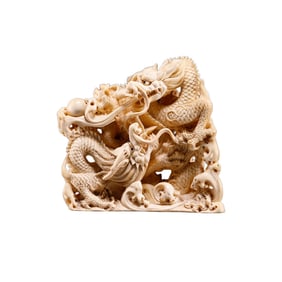 Vintage Bone Carved Double Dragon Statue