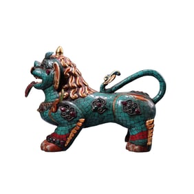 A Pair Vintage Chinese Gilt Gold Copper Inlay Turquoise & Gems Fortune Lion Statues