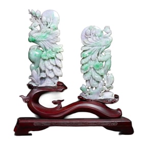 A Pair Superb Chinese Jadeite Carved Phoenix Statues