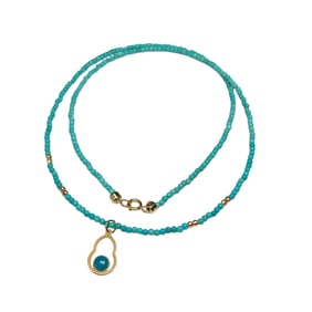 Hand Woven Turquoise Beads Necklace w 18K Gold Buckle