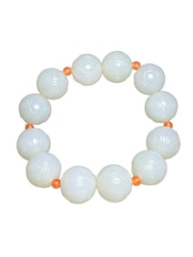 18mm Chinese White Hetian Jade Carved Lotus Flower Beads Bracelet