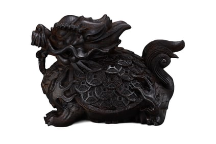 Chinese Chenxiang Wood Carved Dragon Turtle Statue