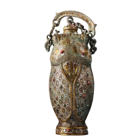 Vintage Chinese Gilt Gold Bronze Inlay Gems Fortune Cicada Pot