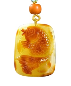 Beautiful Beeswax Carved Carp Pendant w Hand Woven Beads Necklace