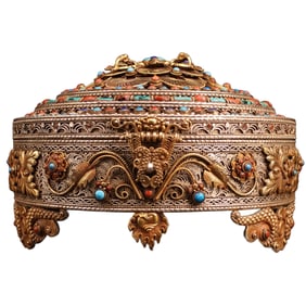 Tibetan Buddhism Gold Wire Inlay DZI Agate & Turquoise & Lapis Lazuli Jewellery Box