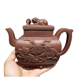 Antique Chinese Yixing Zisha Low Relief Fortune Lion Teapot