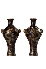 A Pair Chinese Gilt Gold Wooden-cored Lacquerware Fortune Dragon Design Vases