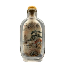 Old Chinese Crystal Inside Painting Mountain River Scene Design Snuff Bottle w Stopper