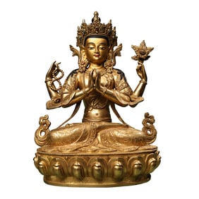 Superb Old Tibetan Gilt Gold Copper Four Arm Kwan-yin Statue
