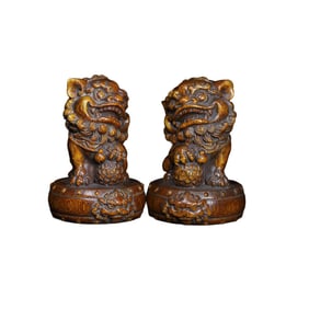 A Pair Vintage Ox Horn Carved Fortune Lion Statues