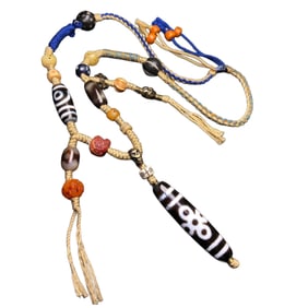 Hand Woven Tibetan Five Eye DZI Agate Lucky Pendant w Beads Necklace