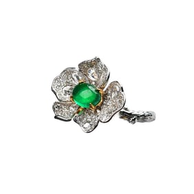 High Quality 18K Gold Inlay Emerald & Diamond Flower Ring