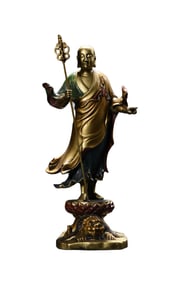Tibetan Buddhism Colored Drawing Gilt Gold Copper Ksitigarbha Statue