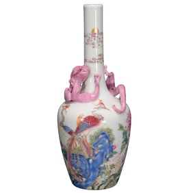 Chinese Qing Dynasty Famille Rose High Relief Fortune Dragon Porcelain Vase