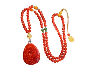 Vintage Chinese Nanhong Agate Carved Flowers Pendant w Hand Woven Beads Necklace