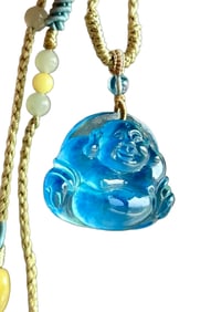 Beautiful Aquamarine Carved Laughing Buddha Pendant w Hand Woven Beads Necklace
