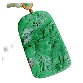 Exquisite Greem Jadeite Low Relief Mountain River Scene Pendant w Hand Woven Beads Necklace