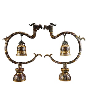 A Pair Vintage Chinese Silver Plated Gilt Gold Bronze Fortune Dragon Bell Statues