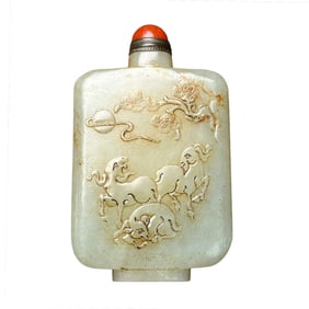 Vintage Chinese Hetian Jade Low Relief Three Sheep Snuff Bottle
