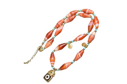 Hand Woven DZI Agate Pendant w Agate Beads Necklace