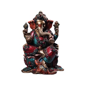 Tibetan Gilt Gold Copper Inlay Turquoise & Gems Ganesha Buddha Statue