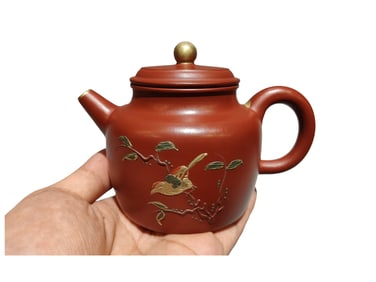 Antique Chinese Gilt Gold Yixing Zisha Magpie Design Teapot