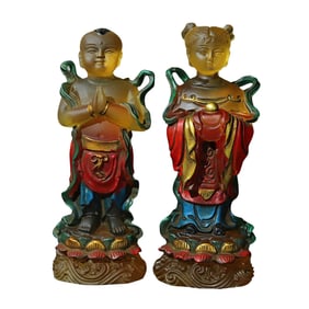 A Pair Vintage Chinese Gilt Gold Peking Glass Carved Kid Statues