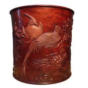 Antique Chinese Huanghuali Wood Low Relief Flowers Bird Design Brush Pot