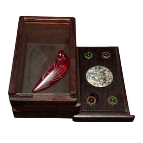 Vintage Red Zircon Carved Bird Statue w Huali Wood Box