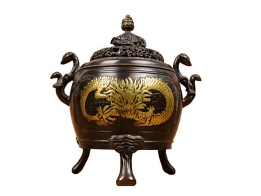 Chinese Gilt Gold Copper Double Ear Beast Incense Burner