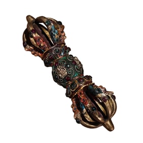 Tibetan Buddhism Gilt Gold Copper Inlay Turquoise & Gems Pestle Xiangmo Statue