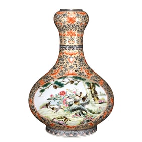 Chinese Qing Dynasty Gilt Edge Famille Rose Enamel Flowers Bird Design Porcelain Vase