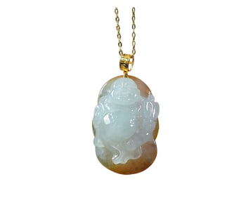 Superb 18K Gold Inlay Jadeite Carved Laughing Buddha Pendant