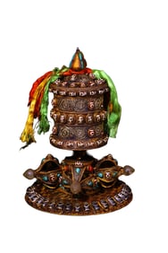 Old Tibetan Sivler Wires Inlay DZI Agate & Crystal & Gems Prayer Wheel