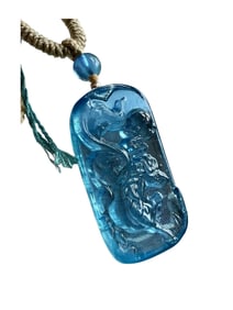 Beautiful Aquamarine Carved Fortune Horse Pendant w Hand Woven Necklace