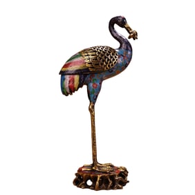 Vintage Chinese Gilt Gold Copper Cloisonne Crane Incense Burner