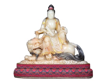 Superb Vintage Chinese Shoushan Stone Carved Manjushri Bodhisattva Statue