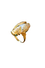 Chinese Silver Plated Gilt Gold Inlay White Hetian Jade Carved Cicada Ring