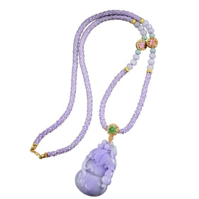 Exquisite Purple Jadeite Carved Gourd Pendant w Jadeite Beads Necklace