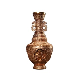 Vintage Chinese Gilt Gold Copper Turn Heart Plum Flower & Magpie Design Vase