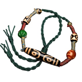 Old Tibetan Six Eye DZI Agate Lucky Pendant w Hand Woven Beads Necklace