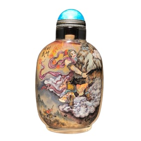 Old Chinese Peking Glass Inside Painting Mythological Figure Design Snuff Bottle w Stopper