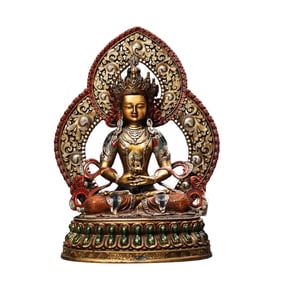 Tibetan Buddhism Colored Drawing Gilt Gold Copper Amitayus Statue