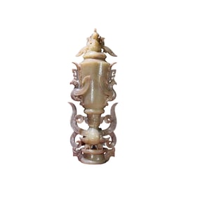 Superb Vintage Chinese Hetian Jade Carved Phoenix Vase w Lid