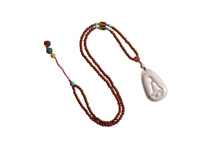 Vintage Bone Carved Buddha Pendant w Hand Woven Nanhong Agate Beads Necklace