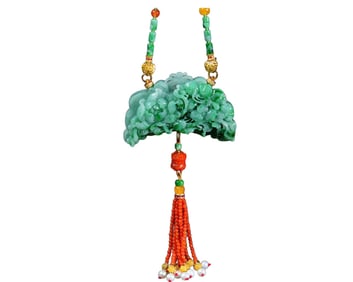 Exquisite Jadeite Carved Peony&Butterfly Pendant w Jadeite Beads Necklace