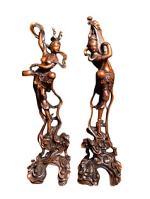 A Pair Vintage Chinese Boxwood Wood Carved Feitian Female Deity Statues