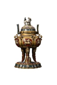 Vintage Chinese Colored Drawing Gilt Gold Copper 3 Legs Fortune Kylin Incense Burner