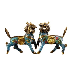 A Pair Vintage Chinese Gilt Gold Copper Cloisonne Fortune Kylin Statues